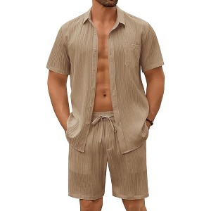 COOFANDY Mens Beach Outfits 2 Piece Sets Casual Short Sleeve Button Down Summer Textured Shirt - 1 of 4