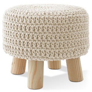 Hand-Knitted Cotton Pouf Ottoman Footstool, 13" Round x 11" High, Compact Boho Accent Footrest for Living Room and Bedroom - 1 of 4