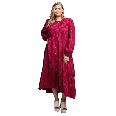Slickblue Plus Size Plaid Button-Down Maxi Dress, Hi-Low Hem, Casual Long Dress, Modern Style, Plum, Size XL-2XL