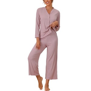 cheibear Women's Long Sleeve Button Down Top with Pants Pajama Sets 2 Pcs - 1 of 4