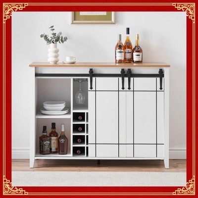 Garvee Elegant Farmhouse Wine Bar Cabinet with Sliding Barn Door – 47" Kitchen Coffee Bar with 16 Wine & Glass Racks