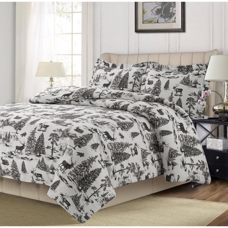 Mountain Toile Cotton Flannel Printed 3pc Oversized Duvet Set - Tribeca Living, 1 of 4
