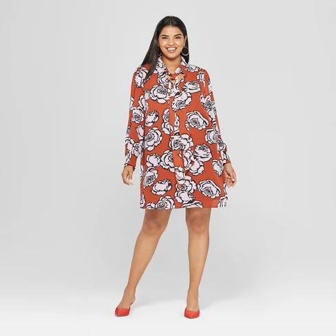 Women's Plus Size Long Sleeve Tie Neck Mini Dress - Who What Wearâ¢ - image 1 of 3