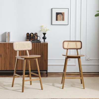 Set of 4 Rubberwood Bar Stools with Rattan Backrest,Indoor Curved Wood Seat Barstools,Counter Height Chairs for Home Bar-Cuddlewood
