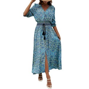Women's V-Neck Maxi Dress 3/4 Sleeve Button Down Beach Dress with Smocked Waist - 1 of 4