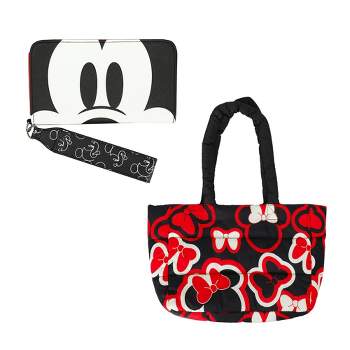 Disney Minnie Mouse Ears Puffer Tote Bag & Mickey Mouse Face Wristlet Tech Wallet Kit
