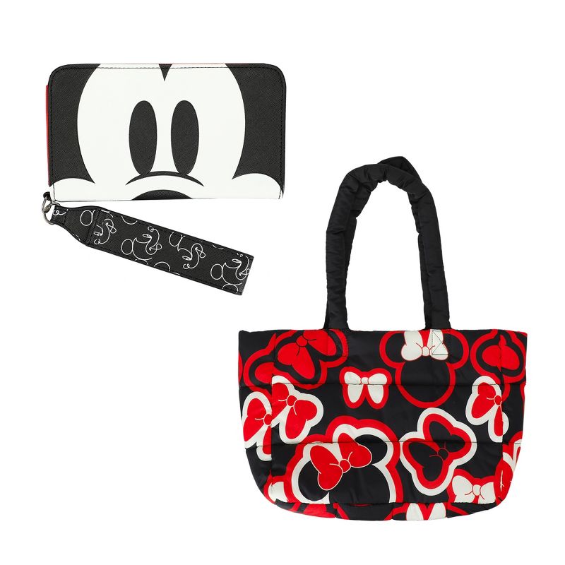 Disney Minnie Mouse Ears Puffer Tote Bag & Mickey Mouse Face Wristlet Tech Wallet Kit, 1 of 7