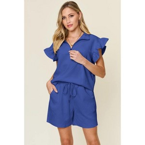 I am a Fashion junky Double Take Full Size Texture Flounce Sleeve Top and Drawstring Shorts Set - 1 of 4
