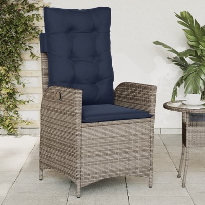 vidaXL Gray Poly Rattan Reclining Patio Chair - Adjustable Outdoor Lounger with Navy Cushions, Weather-Resistant Frame