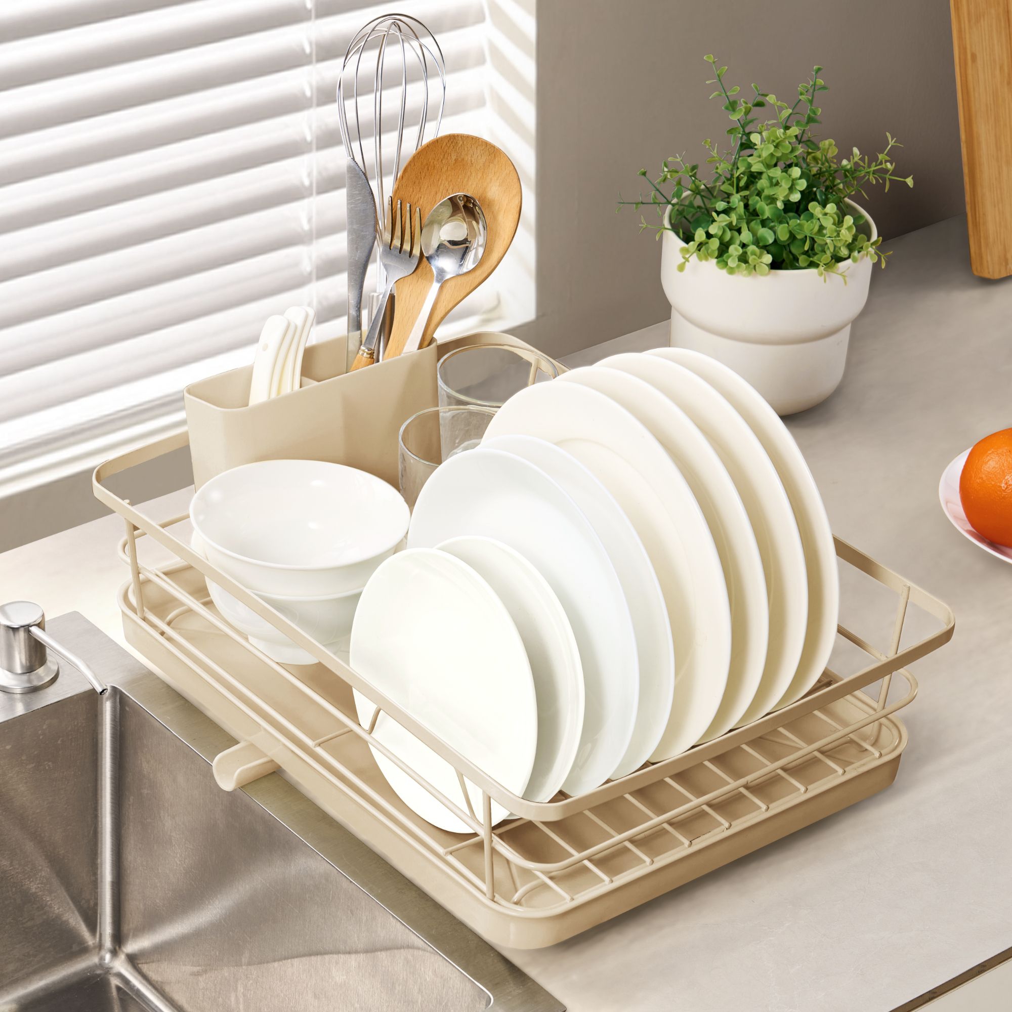 3-Piece Multi-Functional Dish Drying Rack with Drain Board & Utensil Holder - Beige