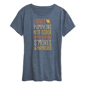 Women's - Instant Message - Fall Bucket List Leaves, Pumpkins, Hot Cider Short Sleeve Graphic T-Shirt - 1 of 4