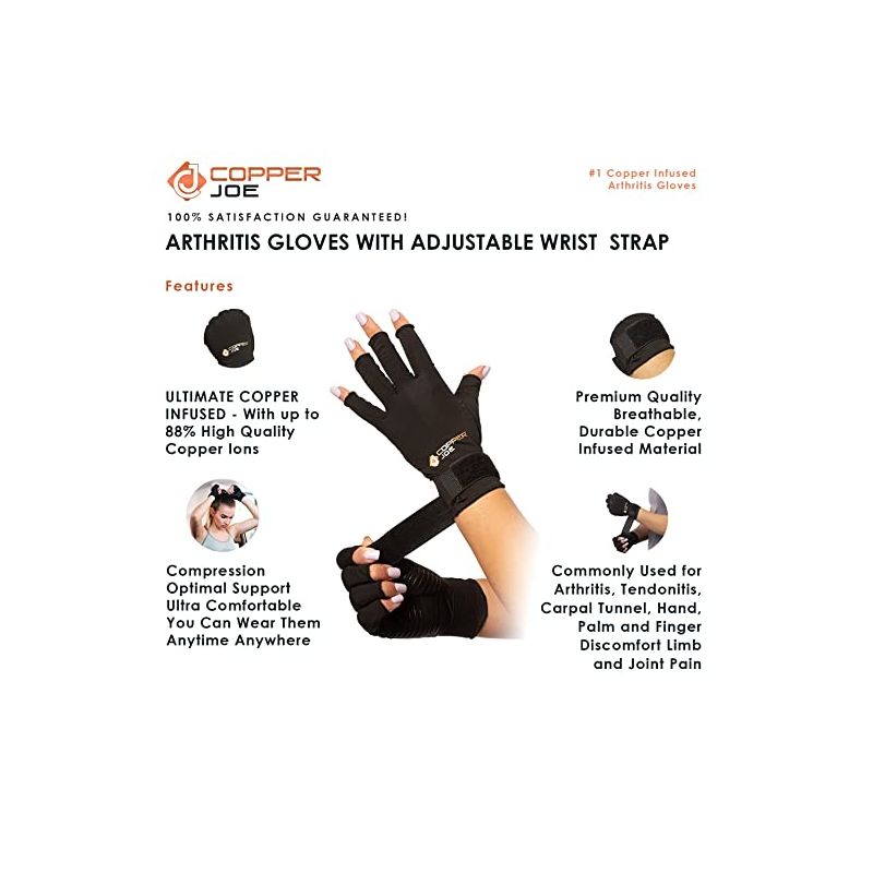 Copper Joe Fingerless Arthritis Gloves Adjustable Strap Copper Infused Arthritis Hand Compression Gloves Typing Carpal Tunnel Rheumatoid Tendonitis, 4 of 7