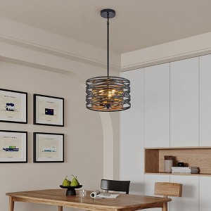 13" Rustic Industrial Pendant Light, 3-Light Black and Walnut Metal Cage Chandelier with Wood Accents for Kitchen Island and Dining Room (No Bulbs) - 1 of 4