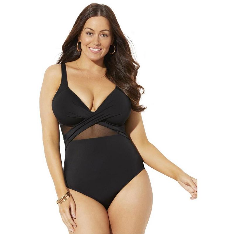 Swimsuits for All Women's Plus Size Cut Out Mesh Underwire One Piece Swimsuit, 1 of 2