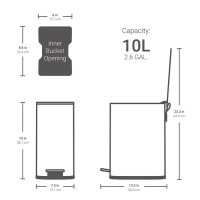 Slim Stainless Steel 2.6 Gallon Step-On Trash Can with Soft Close Lid