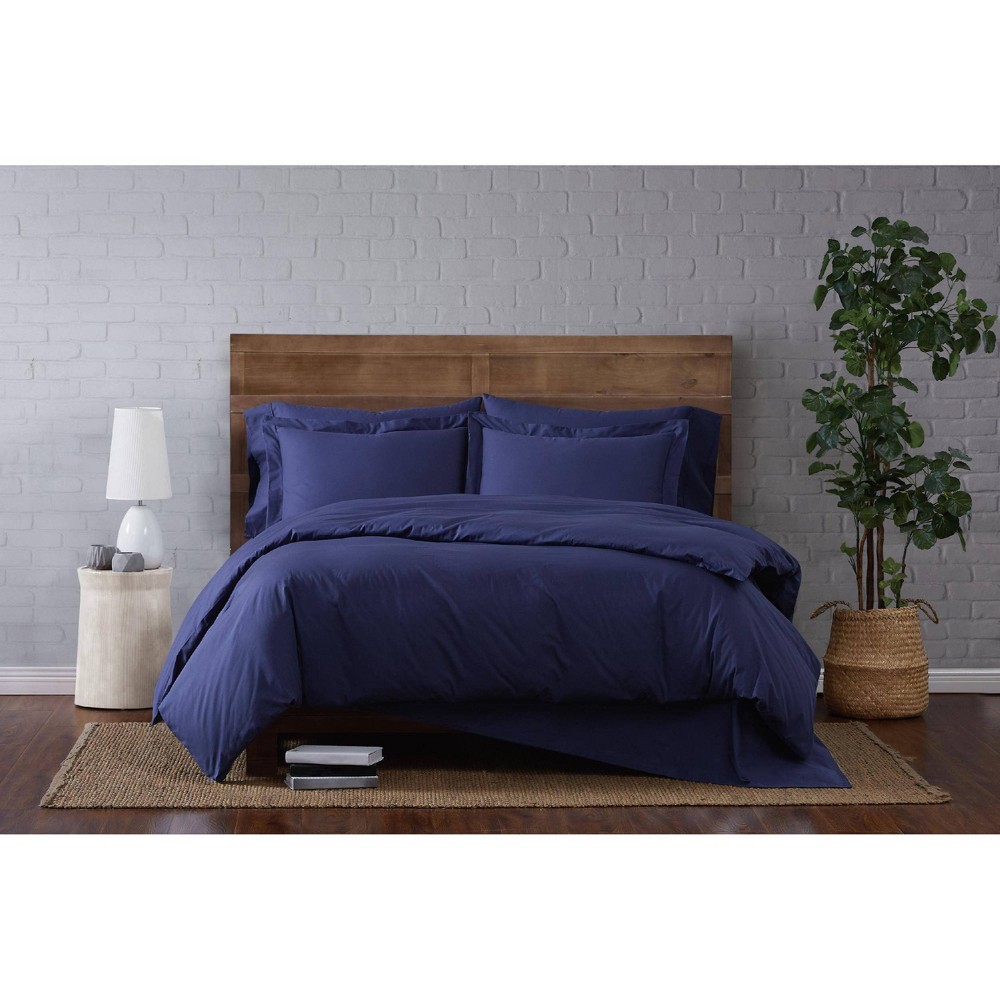 Photos - Bed Linen Brooklyn Loom 3pc King Classic Cotton Duvet Set Navy: OEKO-TEX Certified, Includes 2 Shams, Hidden Button Closure