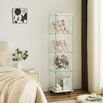 VYNXARIA 4-Tier Lockable Glass Display Cabinet on Wheels with Acrylic Shelves£¬Stylish Floor Standing Storage for Living Room,Bedroom & Office£¬White