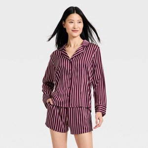 Women's Luxury Collection Satin Notch Collar Long Sleeve Shirt and Shorts Pajama Set - Auden™ - 1 of 3