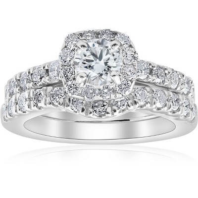 Pompeii3 1 1/10Ct TDW Cushion Halo Engagement Wedding Ring Set 14k White Gold Lab Created
