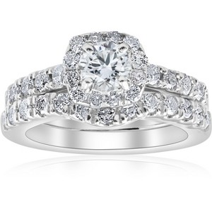 Pompeii3 1 1/10Ct TDW Cushion Halo Engagement Wedding Ring Set 14k White Gold Lab Created - 1 of 4