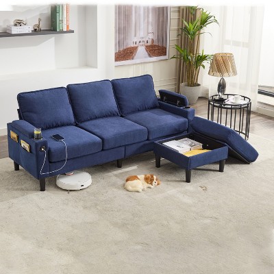 SKRAN 3-seat Sectionals with Storage Ottoman & 2 Cup Holders, L-Shaped Combo Sofa, for living room apartment bedroom and compact room