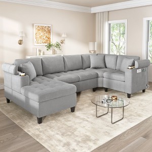 115.7" Modern U-Shaped Sectional Sofa Oversized Corner Couch with Cup Holders, Storage, and USB Ports, Chenille Upholstery -- Frevyn - 1 of 4