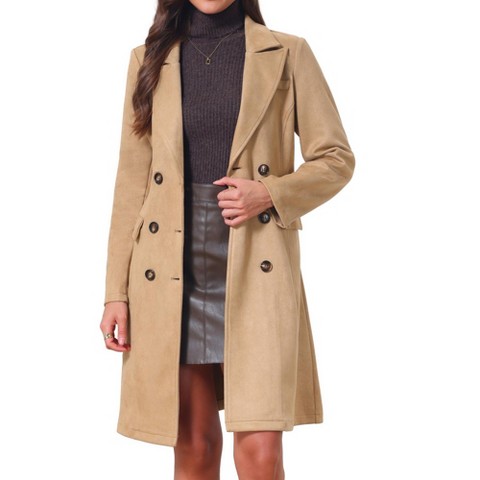 INSPIRE CHIC Women's Faux Suede Trench Notched Lapel Double Breasted Mid-Long Overcoat Fall Winter with Belt Medium Khaki