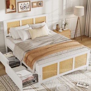 Rattan bed frame with headboard, bohemian-style platform bed frame with 4 drawers, sturdy metal slat support, quiet, no spring mattress required. - 1 of 4
