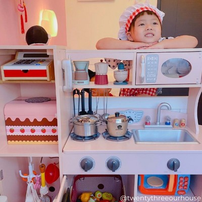 Pink Retro Wooden Play Kitchen Set with Accessories