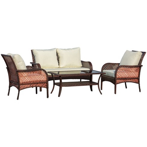 Outsunny 4-piece Rattan Wicker Furniture Set, Outdoor Cushioned  Conversation Furniture With 2 Chairs, Loveseat, And Glass Coffee Table :  Target