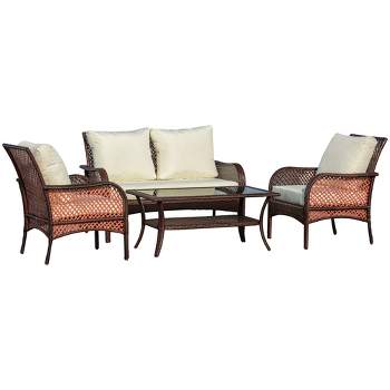 Outsunny 4-Piece Outdoor Wicker Sofa Set, Outdoor PE Rattan Conversation Furniture with 4 Chairs & Table, Water-Fighting Material