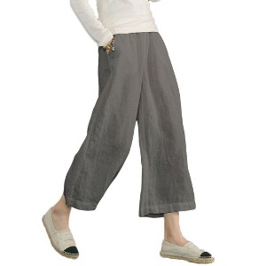 ECUPPER Womens Linen Cropped Pants Loose Casual Capri Cotton Wide Leg Plus Size Elastic Waist with Drawstring Trouses - 1 of 4