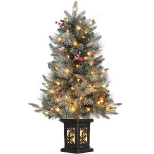 3-4.5ft Christmas Tree, Mini Potted Snow Flocked Tree, Tabletop Artificial Xmas Tree with Light Box, Warm White LED Lights, for Home Party Decor - 1 of 4
