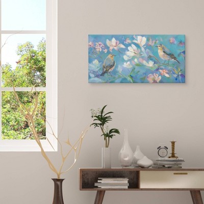 Chickadees on Magnolia Branches Blue Canvas Wall Art