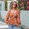 Women's Orange Floral Diamond Neck Puff Sleeve Blouse - Cupshe - 3 of 4