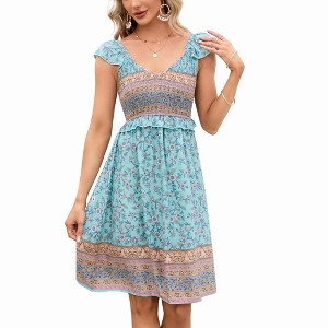 WhizMax Women's Summer Floral V Neck Flutter Sleeve Bohemian Smocked Casual Swing Mini Dress - 1 of 4