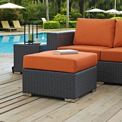 Tuscan Canvas and Gray Wicker Outdoor Patio Ottoman