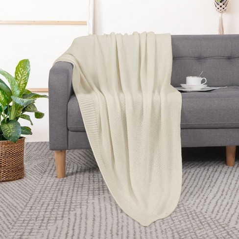 PiccoCasa 100% Cotton Knit Throw Blanket Lightweight Soft Blanket Beige  50x70