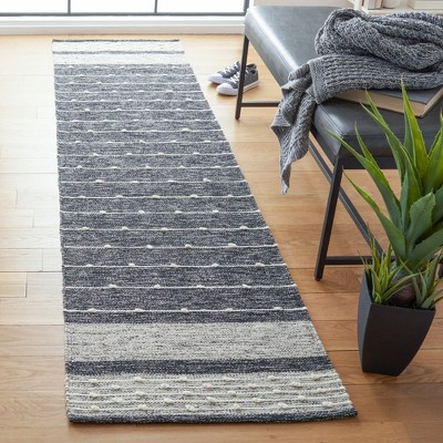 Black and Ivory Wool Handwoven Striped Kilim Rug