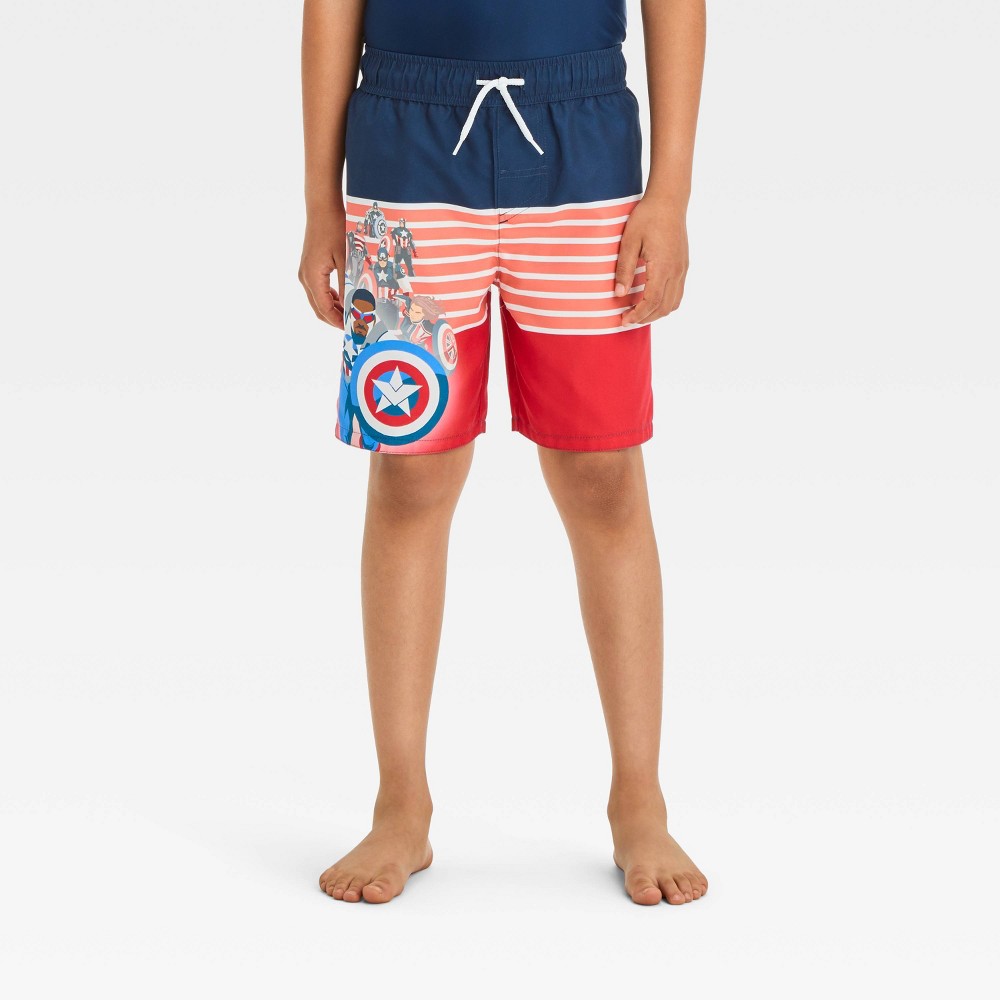 Photos - Swimwear MARVEL Boys'  Captain America Swim Shorts - Navy Blue/Red S 