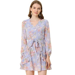 Allegra K Women's Floral Print V Neck Ruffle Front A-line Belted Flowy Dress - 1 of 4