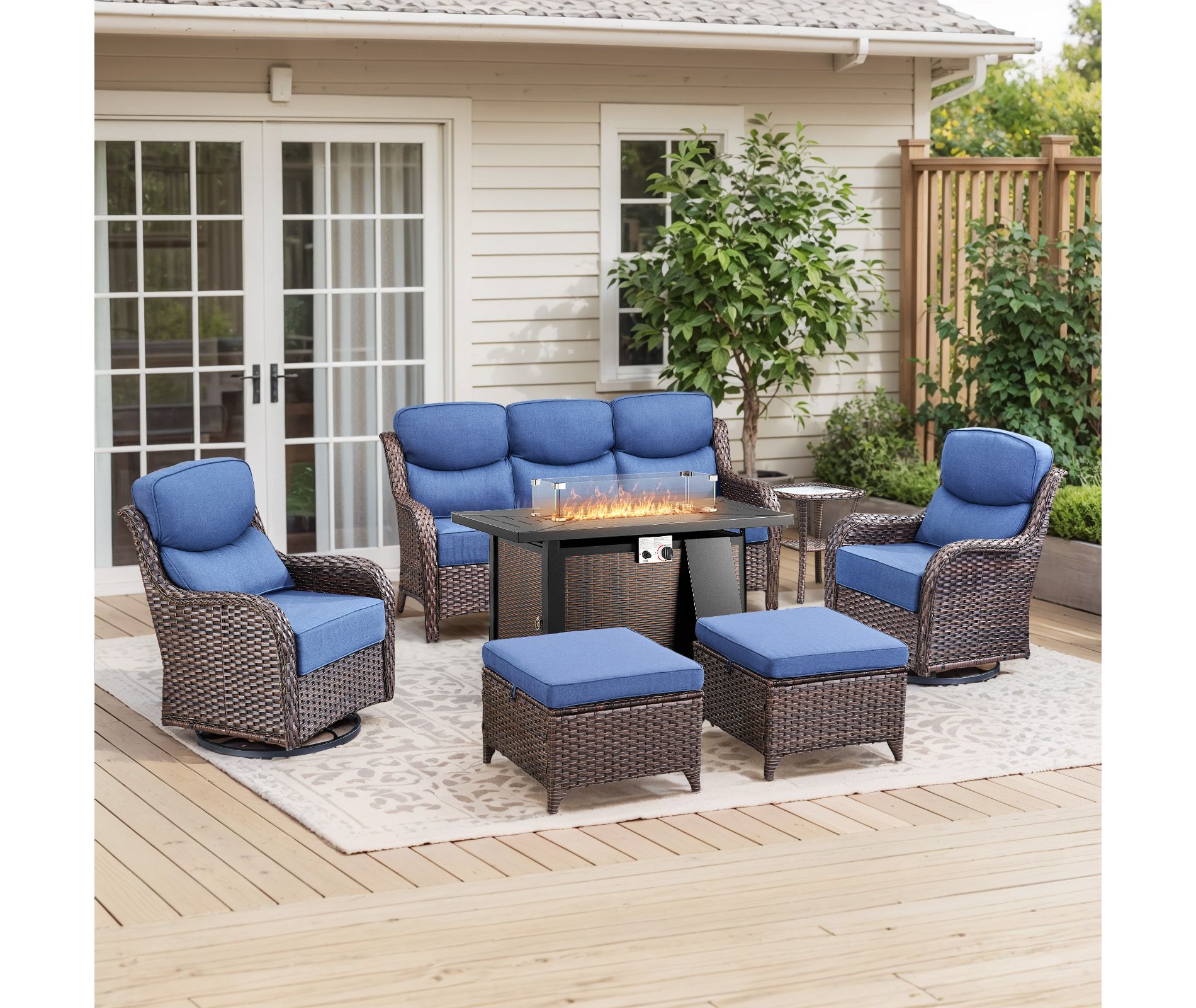 Gymojoy 6 Pieces/7 Pieces Outdoor Fire Pit Table w/ Patio 6in Sofa Swivel Chairs Table Ottoman Set