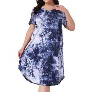 Agnes Orinda Women's Plus Size V-Neck Tie-Dye Curved Hem Short Sleeve Sleepdress - 1 of 4