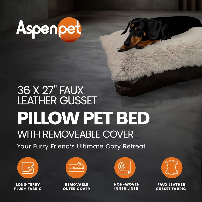 Aspen Pet 36 x 27 Inch Faux Leather Gusseted Polyester Fill Plush Fabric Pillow Dog Pet Bed with Removeable Outer Cover, Taupe/Brown, 2 of 7
