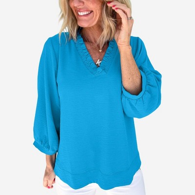 Amaryllis Women’s Textured V-Neck Top with Shirred Trim Three-Quarter Balloon Sleeves Relaxed