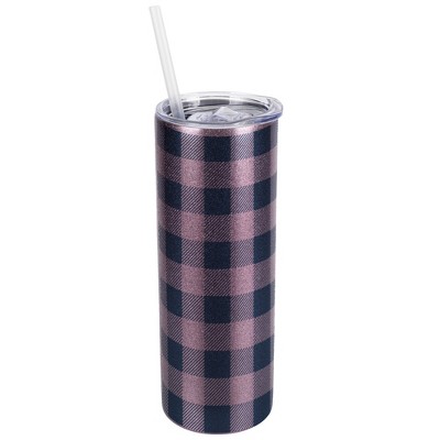 Elanze Designs Rose Gold 20 Ounce Double Wall Stainless Steel Glitter Travel Tumbler With Sliding Lid And Straw, Flannel Gingham Pattern