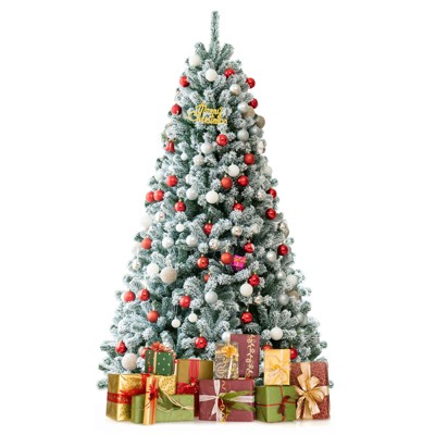 Tangkula 6FT Snow Flocked Artificial Christmas Hinged Tree Pre-lit Artificial Xmas Full Tree with 928 Branch Tips