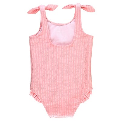 RuffleButts Girls Seersucker Tie Shoulder One Piece - Pink Seersucker, Size: 4T — фото 2