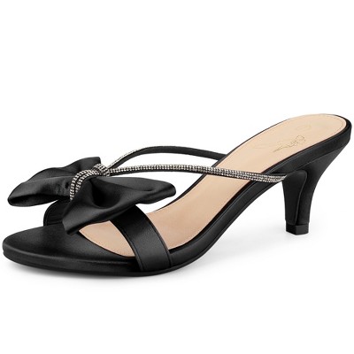 Perphy Women's Open Toe Rhinestone Strap Bow Kitten Heels Slide Sandals