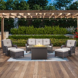POCASSY 6-Piece Outdoor Furniture Set with 50000BTU Propane Fire Pit, All Weather Wicker Patio Fire Pit Table Set with 3-Seater Sofa and Club Chair - 1 of 4